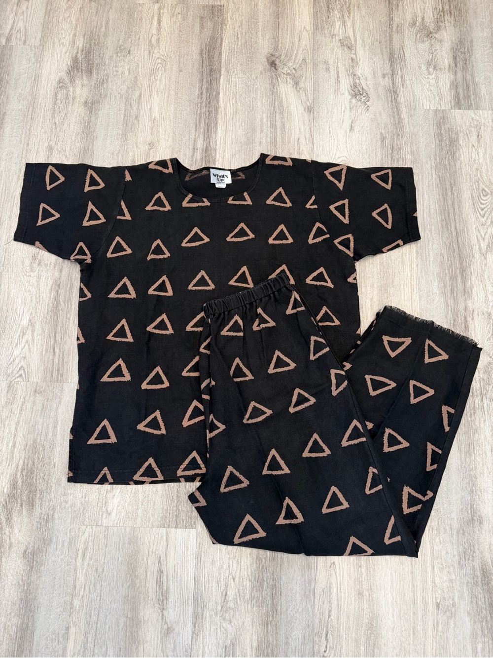 Vintage What’s Up Small 100% Linen Black Brown Geometric Two Piece Set USA
